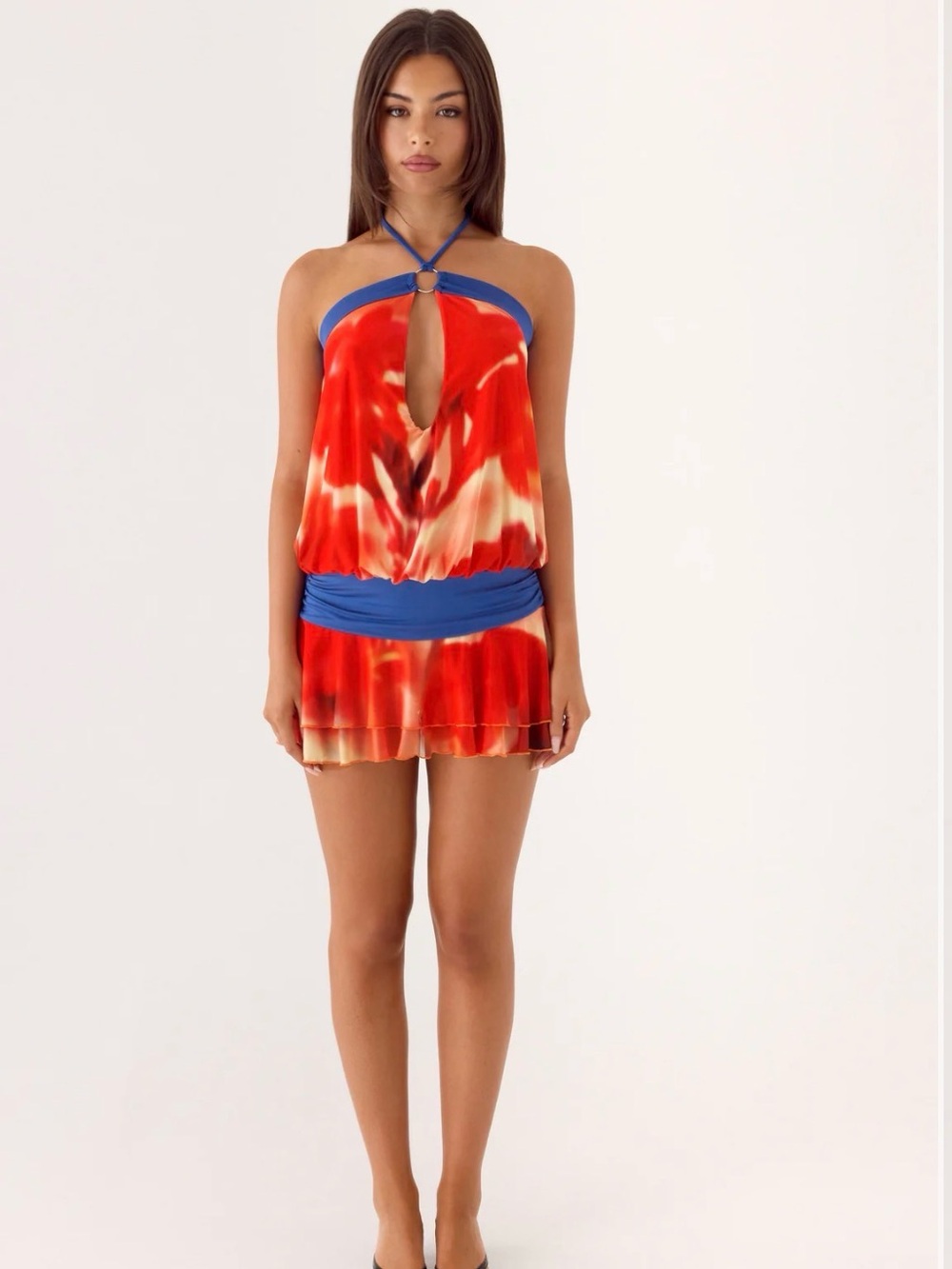 Peppermayo Red and Blue Halter Tie-Dye Mini Dress
